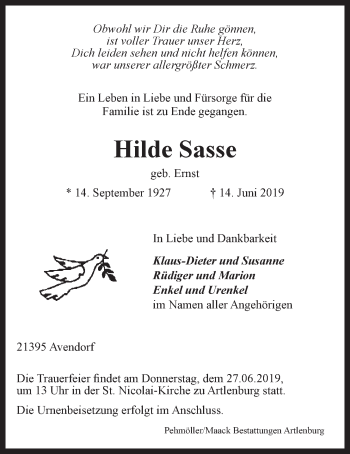Anzeige von Hilde Sasse von LZ