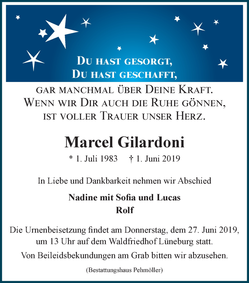  Traueranzeige für Marcel Gilardoni vom 22.06.2019 aus LZ