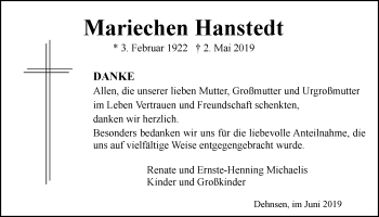 Anzeige von Mariechen Hanstedt von LZ