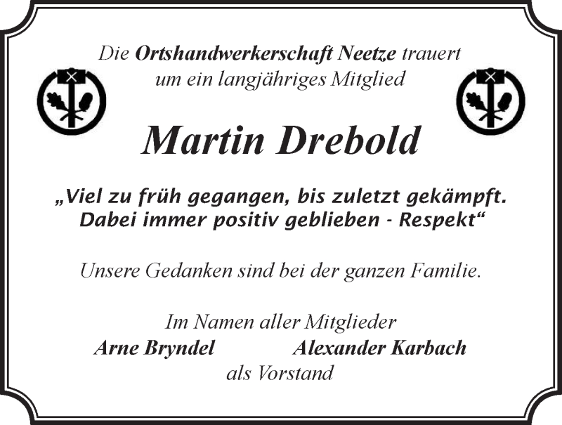  Traueranzeige für Martin Drebold vom 25.06.2019 aus LZ