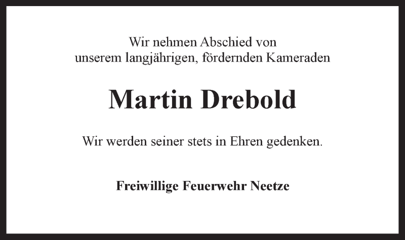  Traueranzeige für Martin Drebold vom 22.06.2019 aus LZ