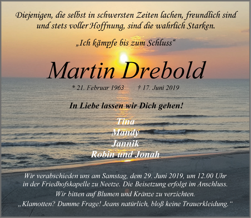  Traueranzeige für Martin Drebold vom 22.06.2019 aus LZ