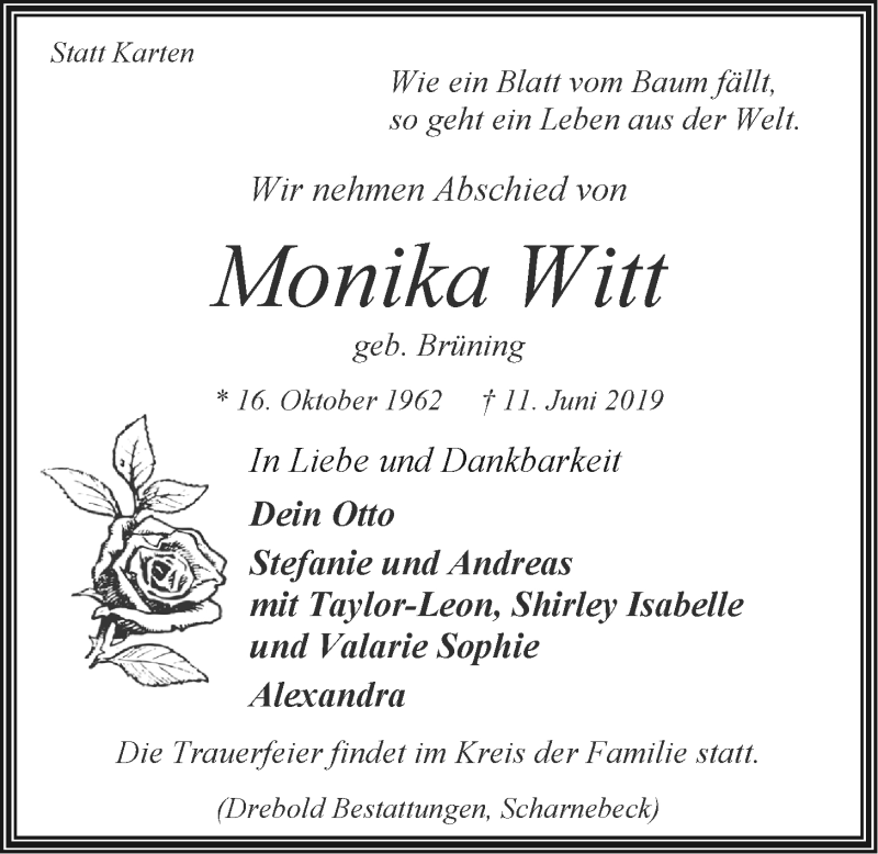  Traueranzeige für Monika Witt vom 15.06.2019 aus LZ