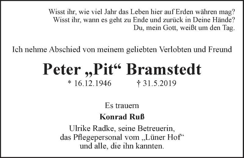  Traueranzeige für Peter Bramstedt vom 08.06.2019 aus LZ