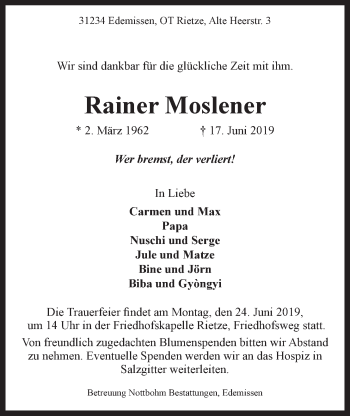 Anzeige von Rainer Moslener von LZ