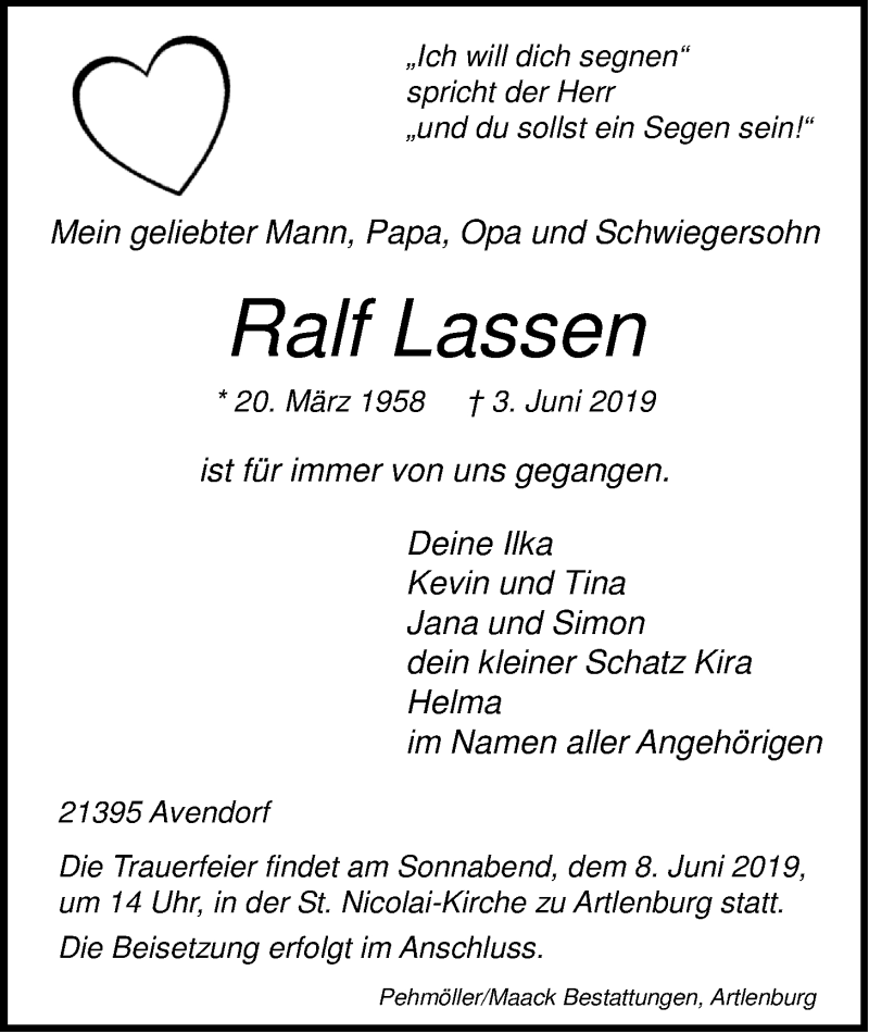  Traueranzeige für Ralf Lassen vom 05.06.2019 aus LZ