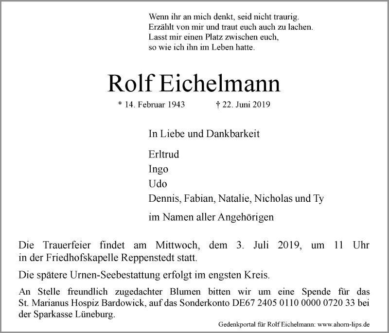  Traueranzeige für Rolf Eichelmann vom 28.06.2019 aus LZ