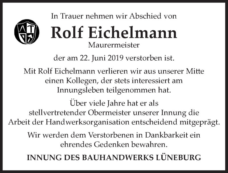  Traueranzeige für Rolf Eichelmann vom 29.06.2019 aus LZ