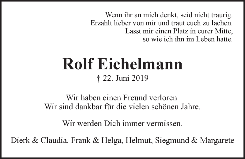  Traueranzeige für Rolf Eichelmann vom 29.06.2019 aus LZ