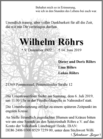 Anzeige von Wilhelm Röhrs von LZ