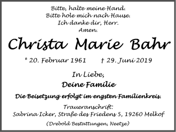 Anzeige von Christa Marie Bahr von LZ