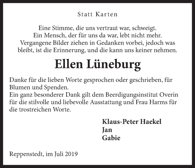  Traueranzeige für Ellen Lüneburg vom 06.07.2019 aus LZ