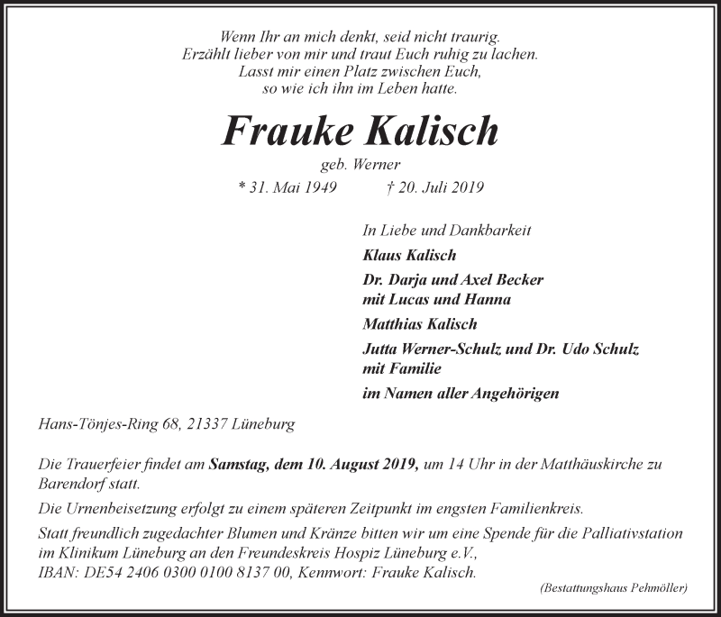  Traueranzeige für Frauke Kalisch vom 27.07.2019 aus LZ