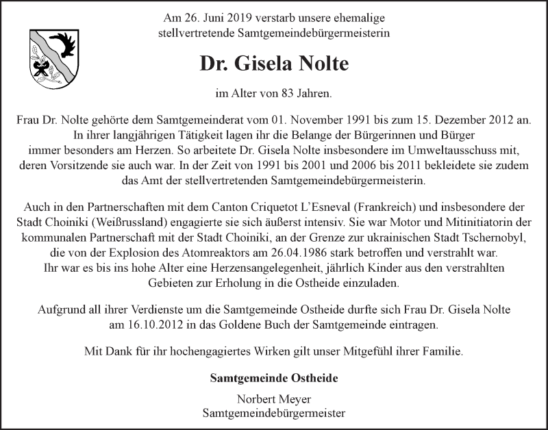  Traueranzeige für Gisela Nolte vom 06.07.2019 aus LZ