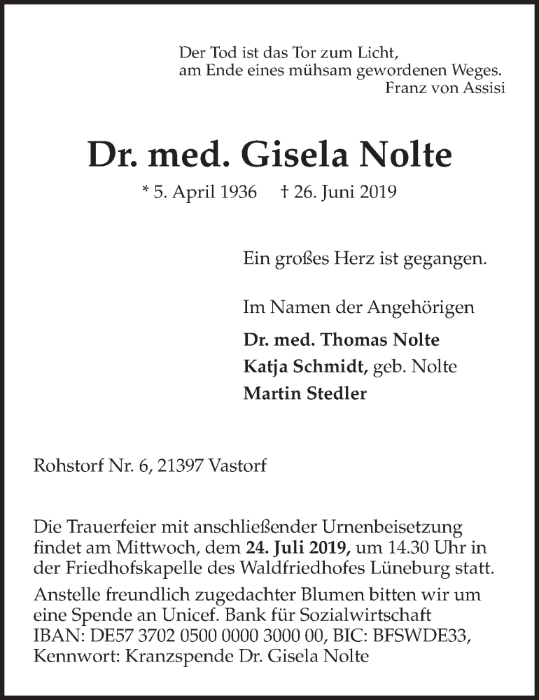  Traueranzeige für Gisela Nolte vom 06.07.2019 aus LZ