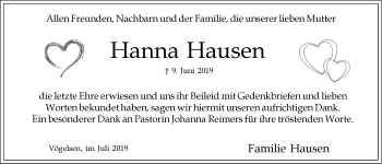 Anzeige von Hanna Hausen von LZ