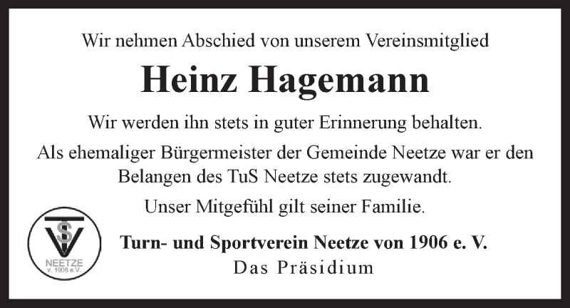  Traueranzeige für Heinz Hagemann vom 04.07.2019 aus LZ