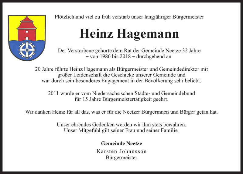  Traueranzeige für Heinz Hagemann vom 03.07.2019 aus LZ