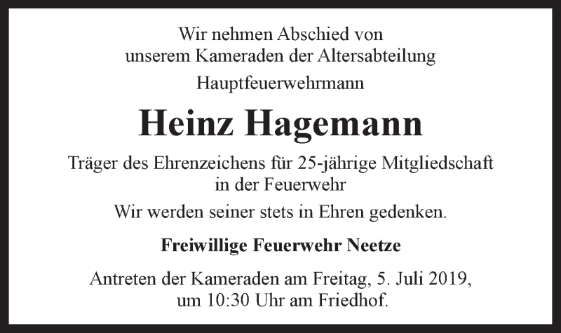  Traueranzeige für Heinz Hagemann vom 03.07.2019 aus LZ