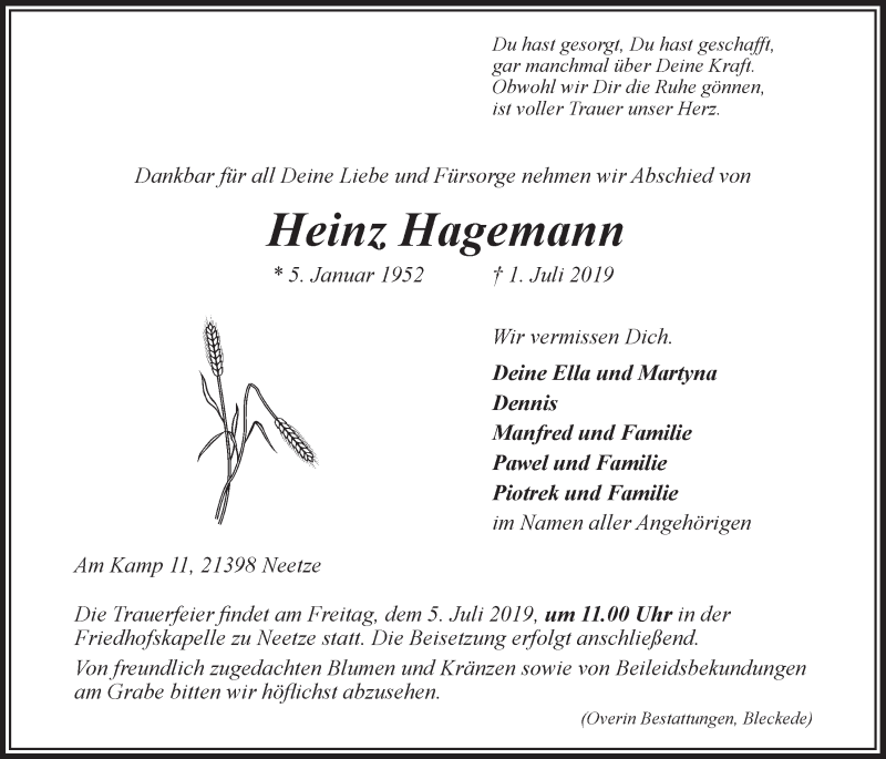  Traueranzeige für Heinz Hagemann vom 03.07.2019 aus LZ