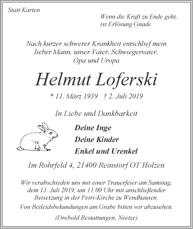  Traueranzeige für Helmut Loferski vom 06.07.2019 aus LZ