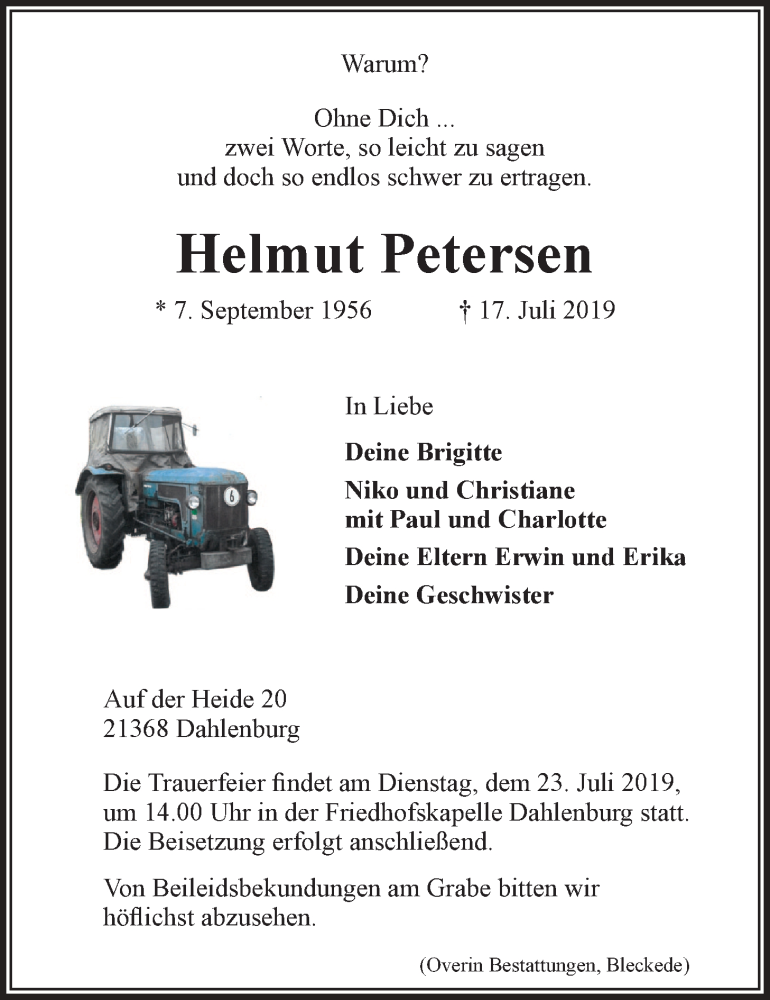  Traueranzeige für Helmut Petersen vom 19.07.2019 aus LZ