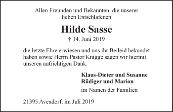 Anzeige von Hilde Sasse von LZ