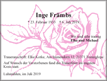 Anzeige von Inge Främbs von LZ