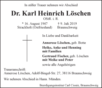 Anzeige von Karl Heinrich Löschen von LZ