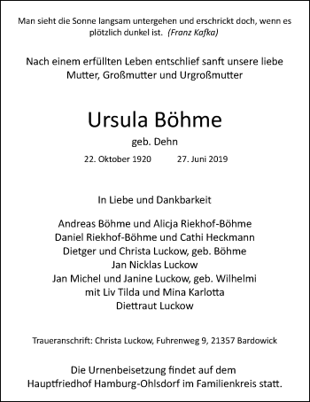Anzeige von Ursula Böhme von LZ