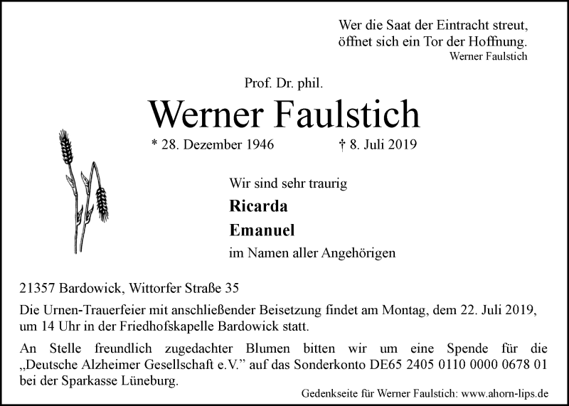  Traueranzeige für Werner Faulstich vom 13.07.2019 aus LZ