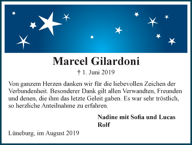  Traueranzeige für Marcel Gilardoni vom 30.07.2019 aus Landeszeitung