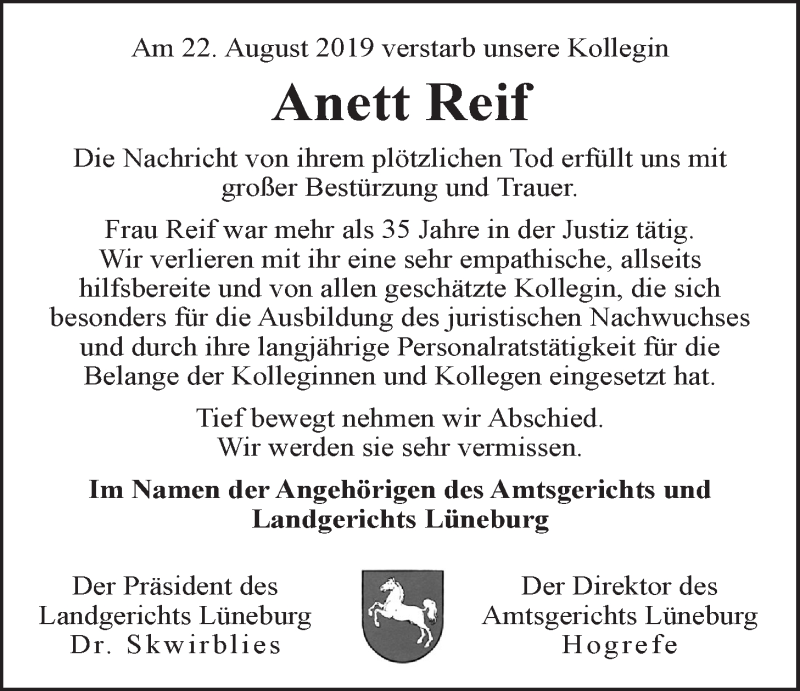  Traueranzeige für Anett Reif vom 28.08.2019 aus LZ