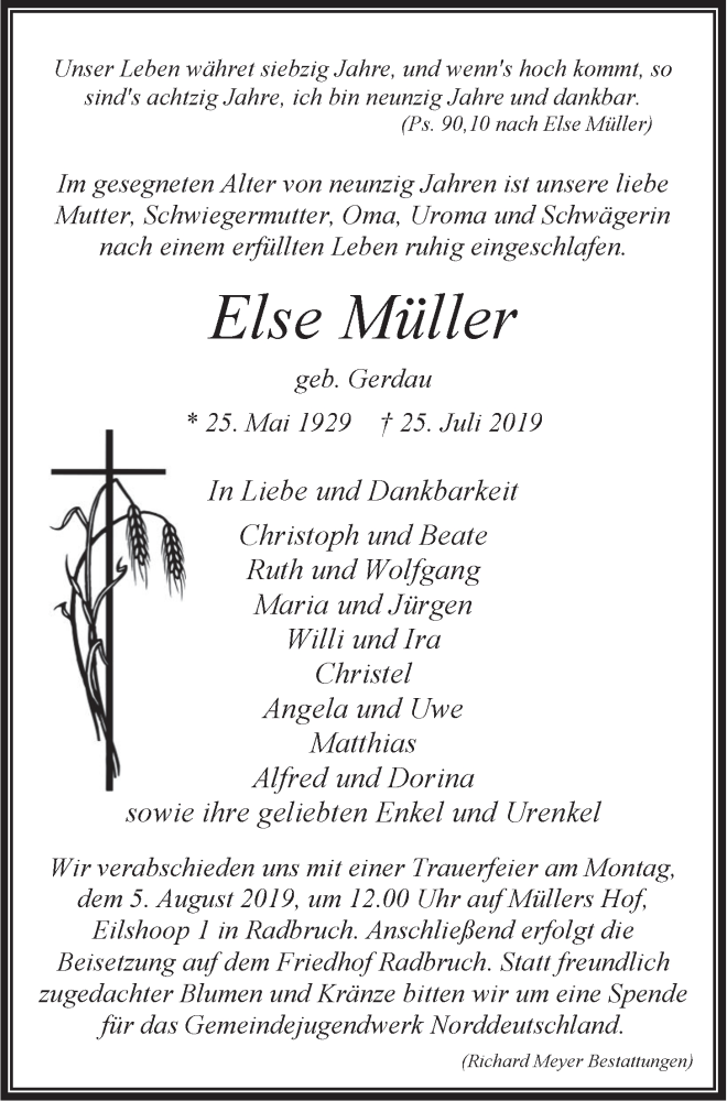  Traueranzeige für Else Müller vom 02.08.2019 aus LZ