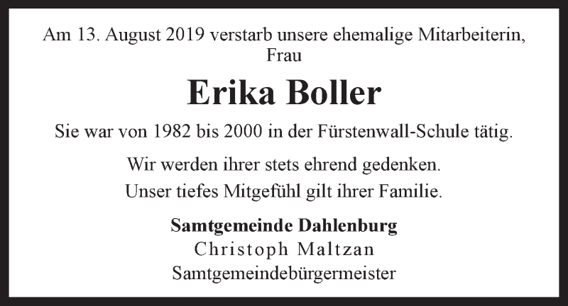  Traueranzeige für Erika Boller vom 21.08.2019 aus LZ