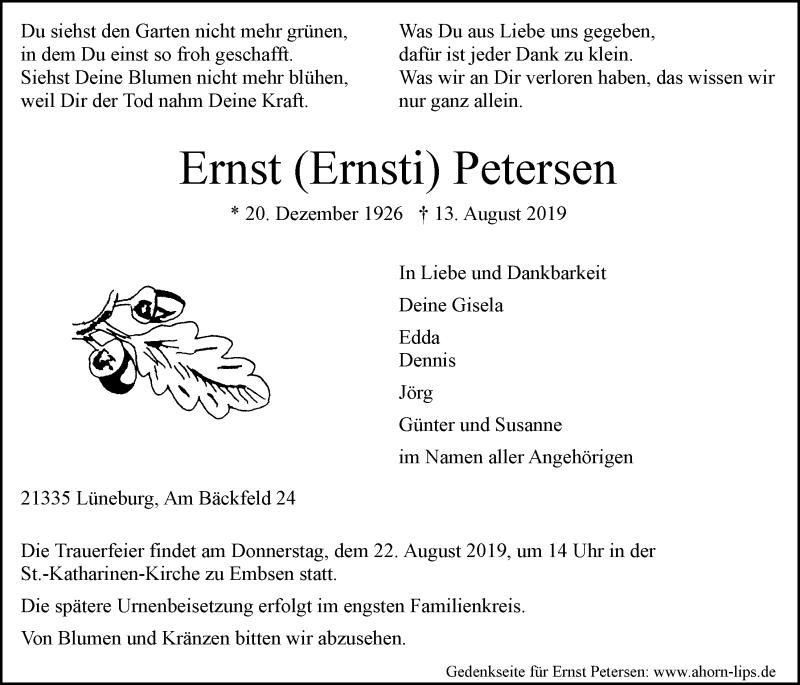  Traueranzeige für Ernst Petersen vom 17.08.2019 aus LZ