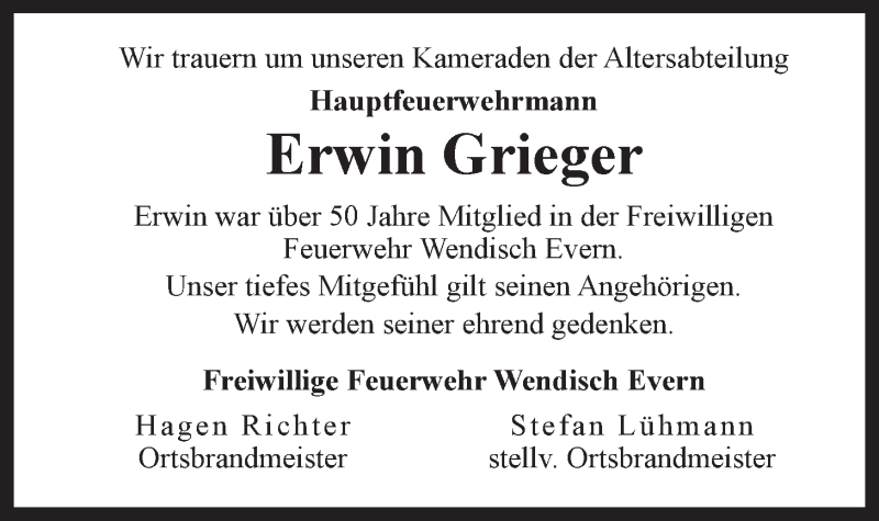  Traueranzeige für Erwin Grieger vom 24.08.2019 aus LZ