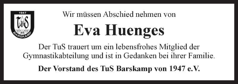  Traueranzeige für Eva Huenges vom 26.08.2019 aus LZ