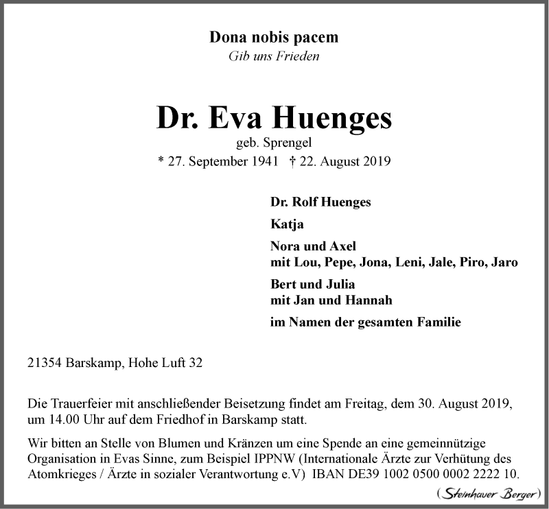  Traueranzeige für Eva Huenges vom 26.08.2019 aus LZ