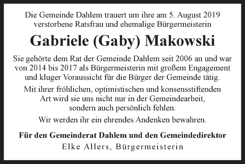  Traueranzeige für Gaby Makowski vom 10.08.2019 aus LZ