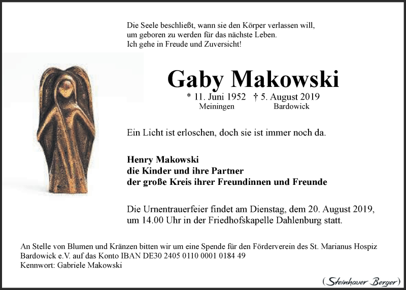  Traueranzeige für Gaby Makowski vom 10.08.2019 aus LZ