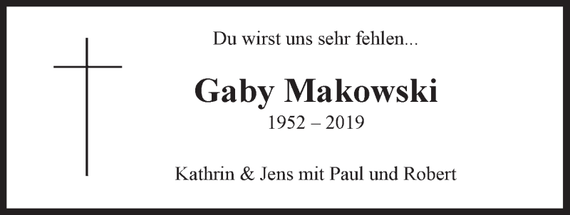 Traueranzeige für Gaby Makowski vom 10.08.2019 aus LZ