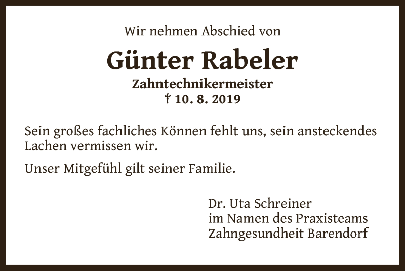  Traueranzeige für Günter Rabeler vom 17.08.2019 aus LZ