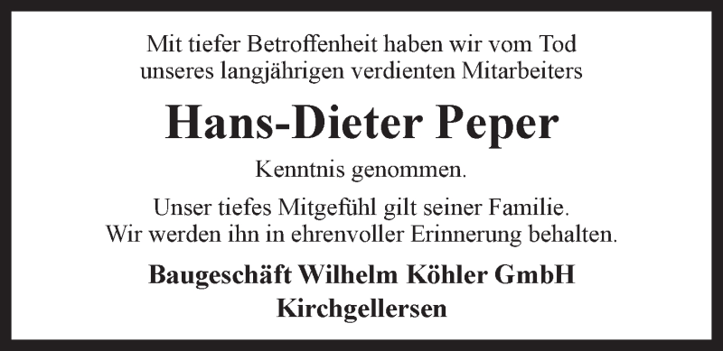 Traueranzeigen von HansDieter Peper TrauerLüneburg.de