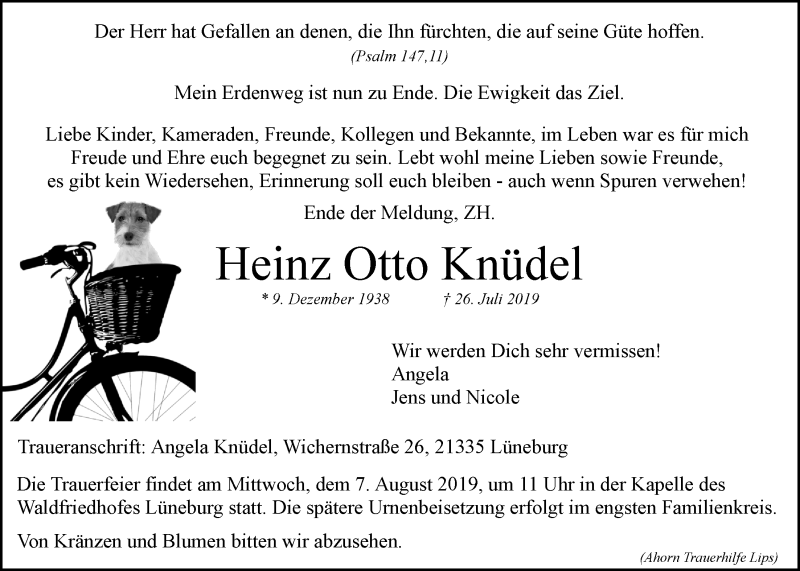  Traueranzeige für Heinz Otto Knüdel vom 03.08.2019 aus LZ