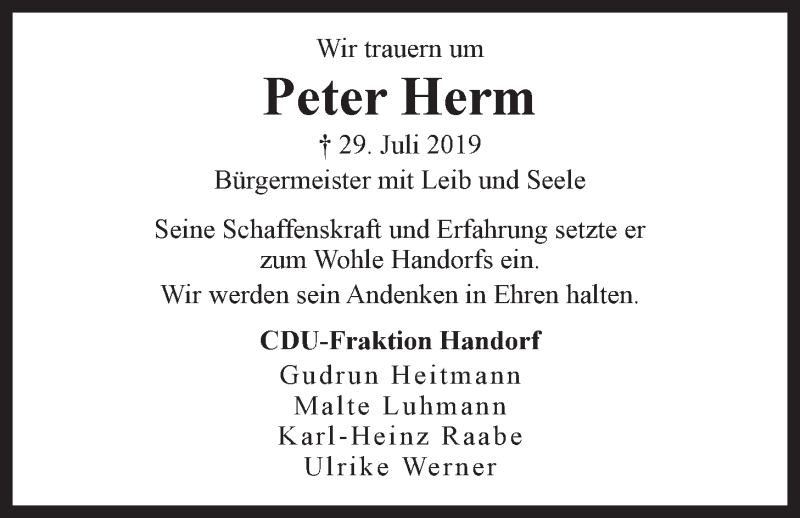  Traueranzeige für Peter Herm vom 03.08.2019 aus LZ