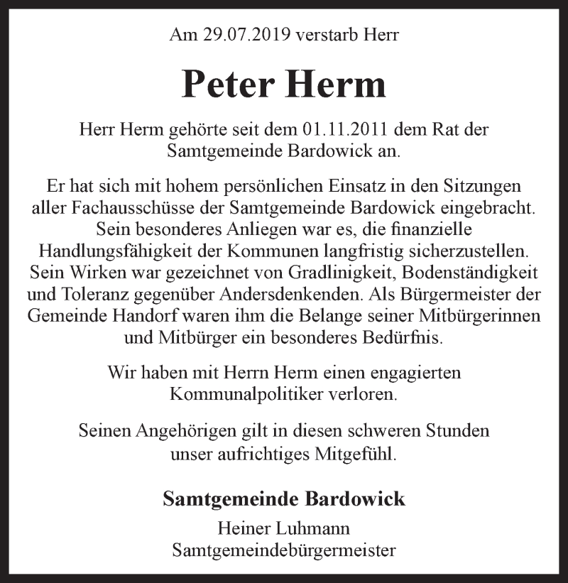  Traueranzeige für Peter Herm vom 03.08.2019 aus LZ