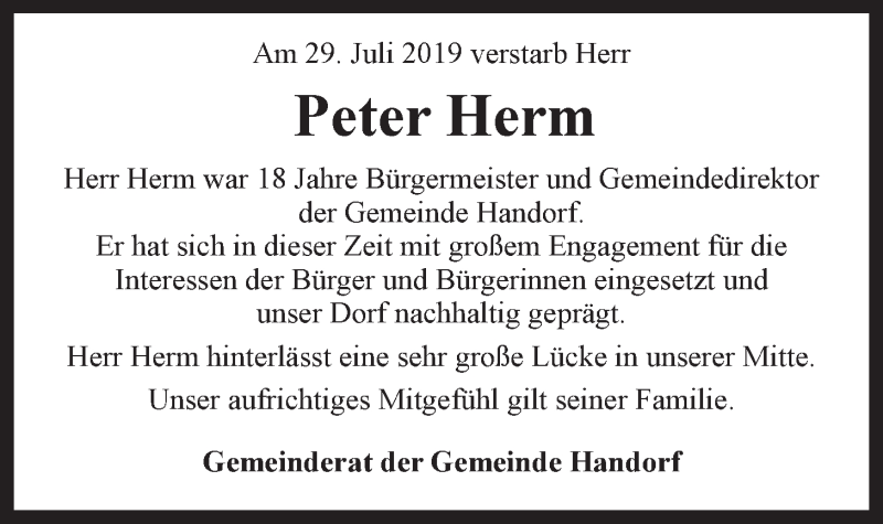 Traueranzeige für Peter Herm vom 03.08.2019 aus LZ