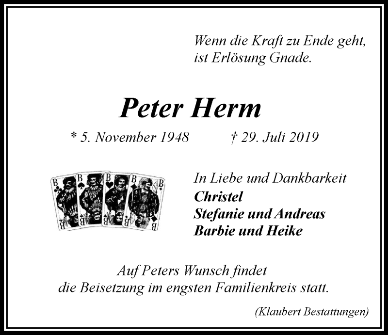  Traueranzeige für Peter Herm vom 03.08.2019 aus LZ