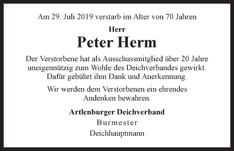  Traueranzeige für Peter Herm vom 03.08.2019 aus LZ